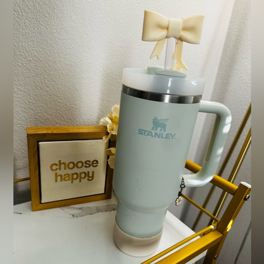 40oz Stanley Mint Green Tumbler with Cream Bow Straw